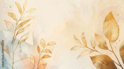 Abstract Watercolor Background with Golden Leaf Patterns