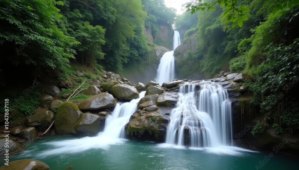 Majestic waterfall cascading into serene waters Majestic waterfall cascading into serene waters