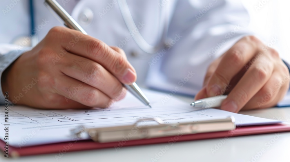 Closeup of Doctor's Hands Filling Out a Medical Form Closeup of Doctor's Hands Filling Out a Medical Form