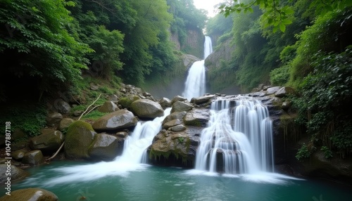  Majestic waterfall cascading into serene waters