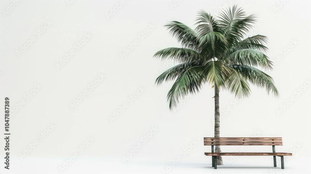 Fototapeta premium A solitary wooden bench beneath a palm tree against a white background