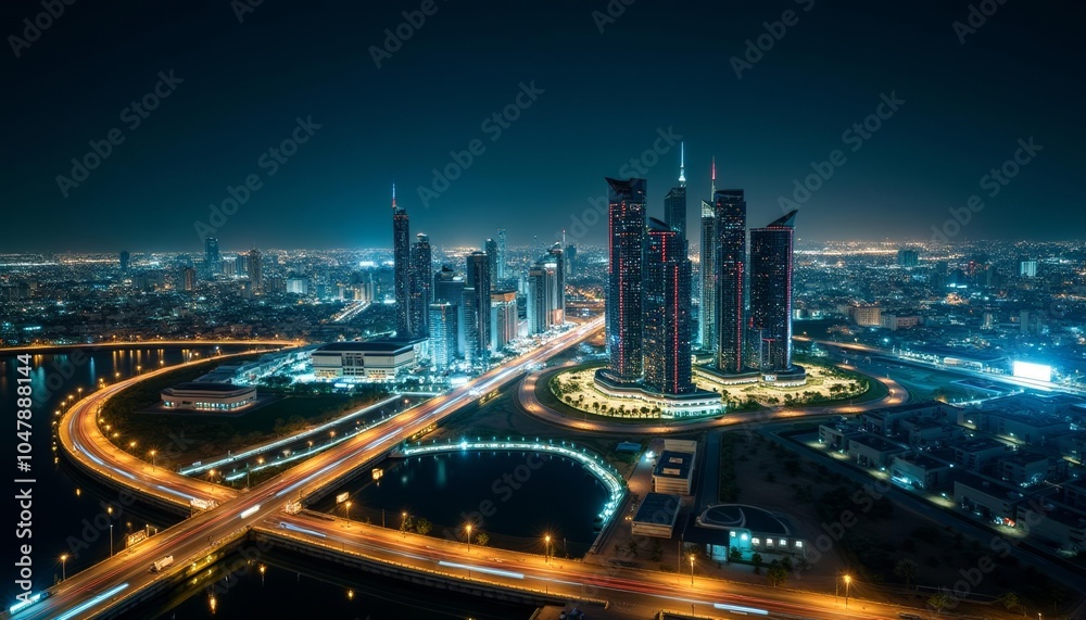 Fototapeta premium Vibrant cityscape at night illuminated by lights and reflections on the water