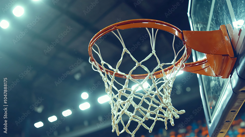 Close up of basketball hoop with net and backboard in gymnasium Close up of basketball hoop with net and backboard in gymnasium