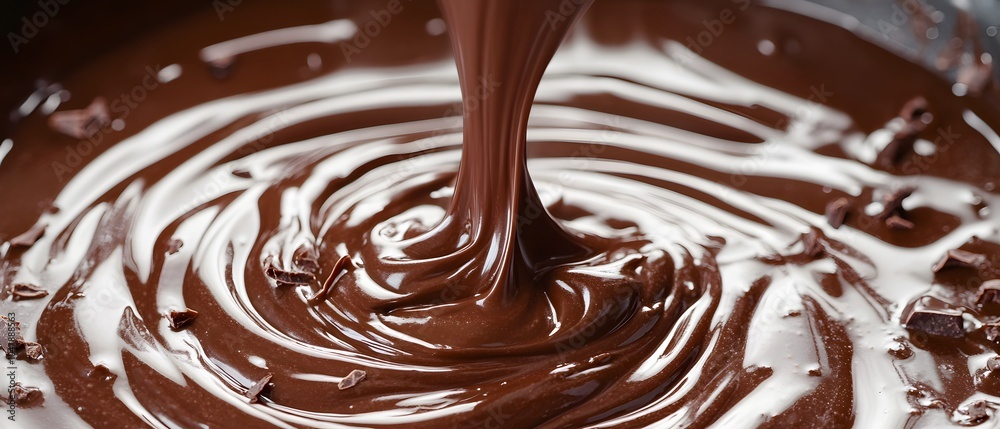 A close-up of rich, melted chocolate swirling in a bowl. A close-up of rich, melted chocolate swirling in a bowl.
