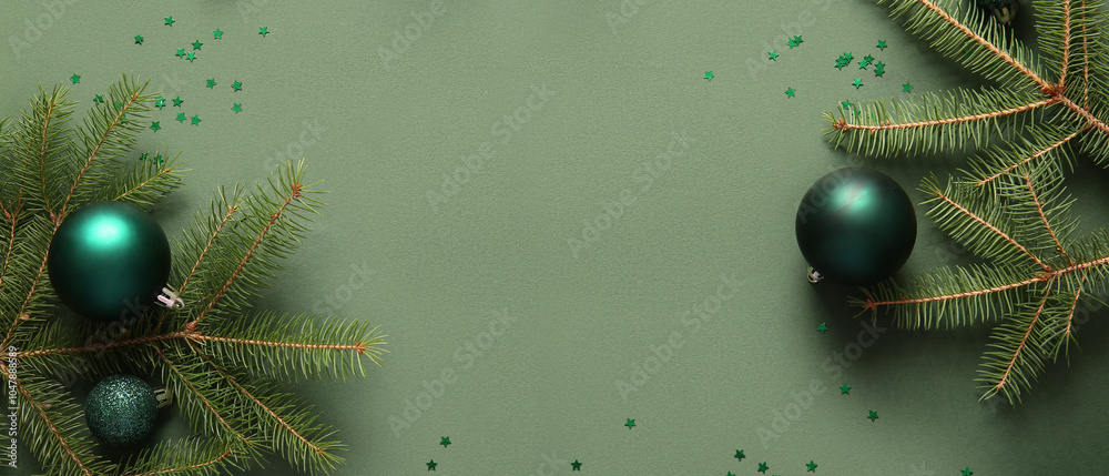 Obraz premium Frame made of fir branches with Christmas balls and confetti on green background