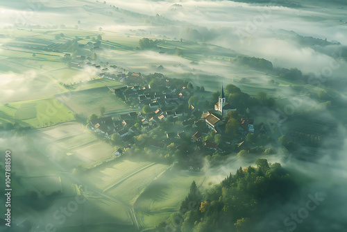 village foggy there is fog on the hills and mountains, with houses surrounded by green grassland. Ai generative photo