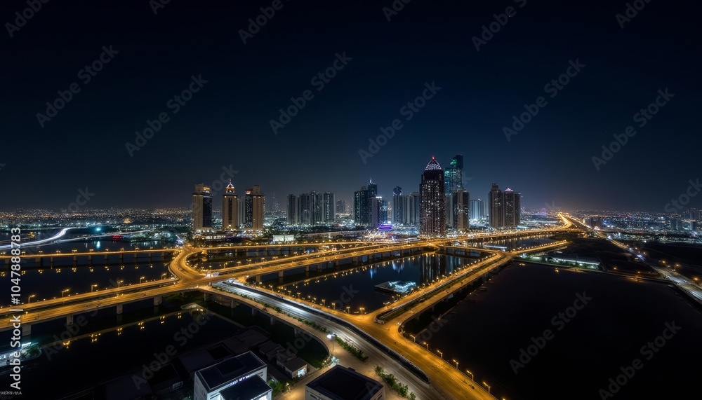 Vibrant cityscape at night illuminated by bright lights and bustling with activity Vibrant cityscape at night illuminated by bright lights and bustling with activity