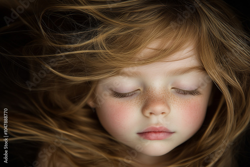 dreamy portrait of young girl with flowing blonde hair against dark background