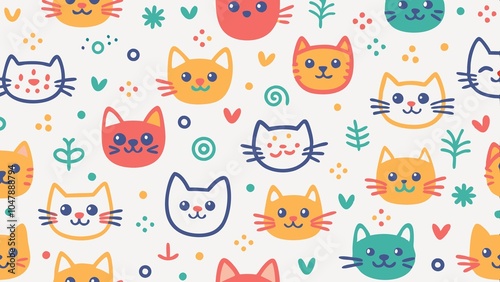 cats seamless pattern with cream. Fun colorful line doodle seamless pattern. Creative minimalist style art background for children or trendy design with basic shapes. Simple childish scribble backdrop