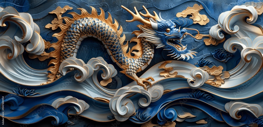 Chinese Dragon Gold Blue Papercut Happy New Year 2024 Zodiac Dragon Chinese Dragon Gold Blue Papercut Happy New Year 2024 Zodiac Dragon