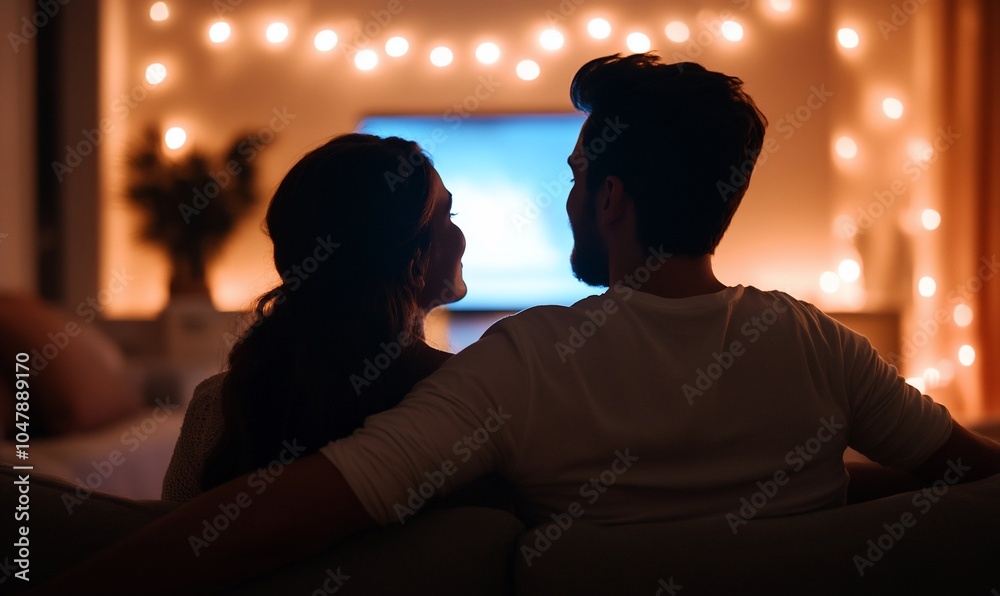 A couple enjoys a cozy evening together, illuminated by soft lights. A couple enjoys a cozy evening together, illuminated by soft lights.