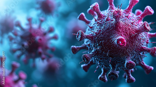 Microscopic view of viral pathogens with spiked proteins, showcasing intricate details