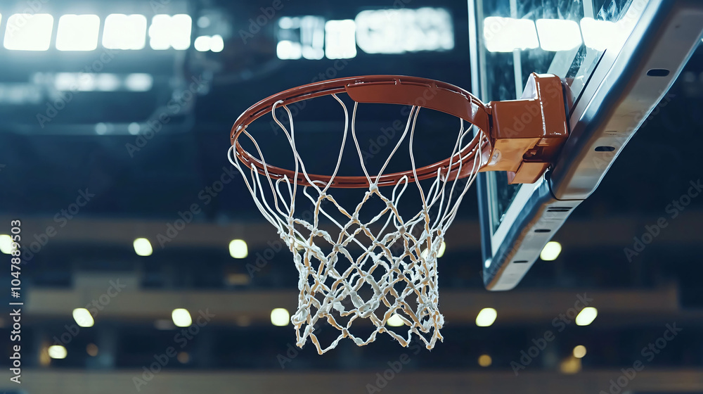 Basketball hoop with net in sports arena, capturing excitement of game Basketball hoop with net in sports arena, capturing excitement of game