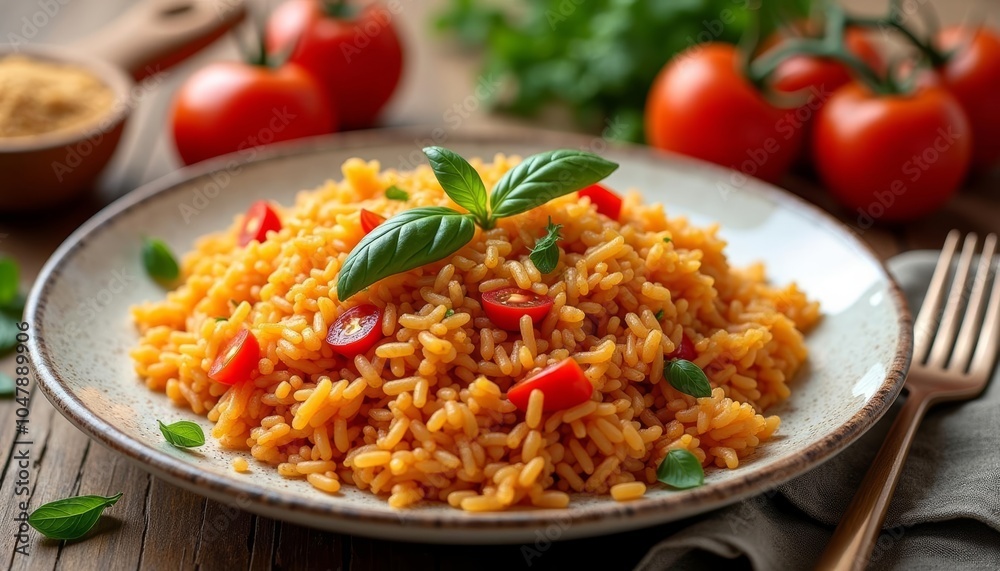 Deliciously seasoned rice with fresh herbs and tomatoes Deliciously seasoned rice with fresh herbs and tomatoes