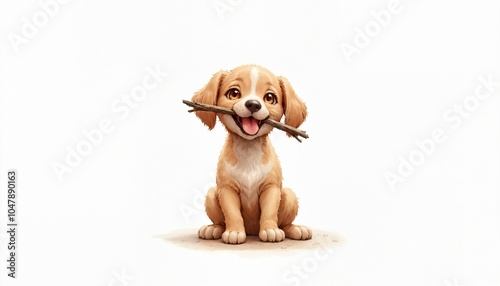 Playful Puppy Holding Stick with Joyful Expression on White Background