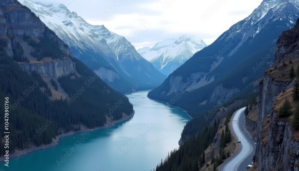 Obraz premium Majestic mountain valley with winding road and serene lake