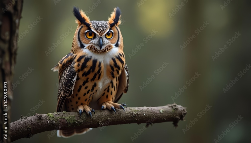 Spotted owl perched on a branch ready for the night Spotted owl perched on a branch ready for the night