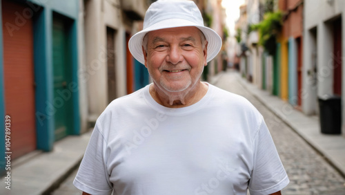 Plus size senior man wearing white t-shirt and white bucket hat standing in a city alley photo