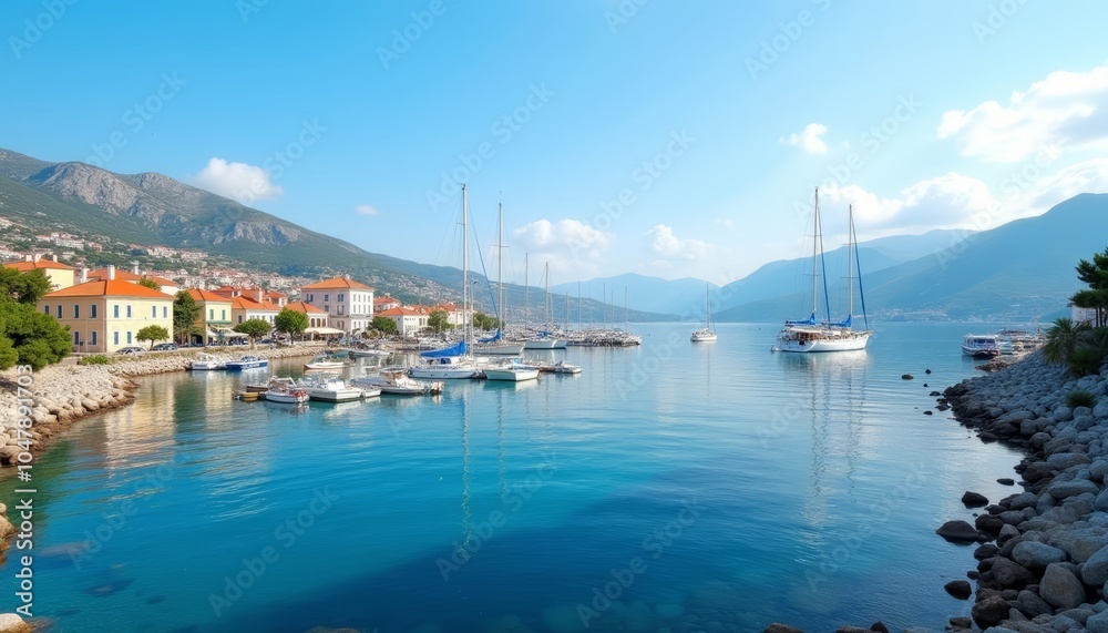 Tranquil harbor with sailboats under a clear sky Tranquil harbor with sailboats under a clear sky