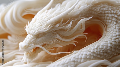 Close-up of a white dragon sculpture, showing intricate detail and a fierce expression. photo