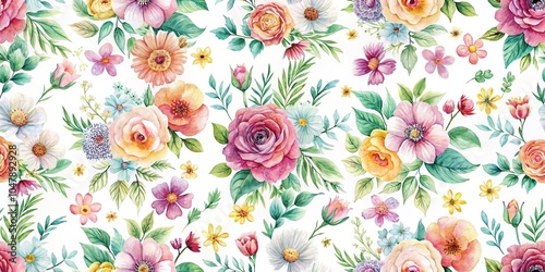 Symmetrical repeating pattern of watercolor flowers, white background