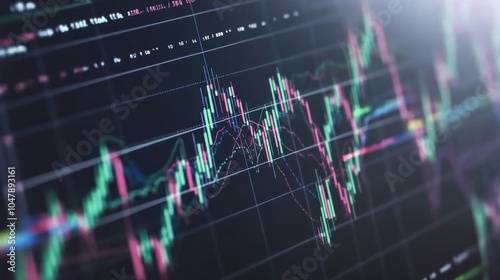 Close up of a computer screen displaying a stock market graph with colorful lines.