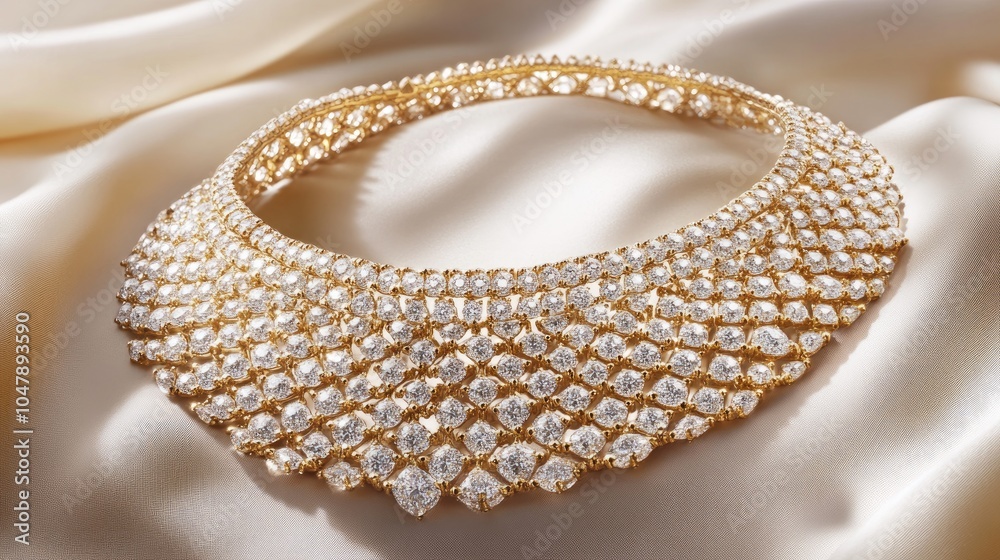 Elegant Gold and Diamond Neckpiece on Silk Background Elegant Gold and Diamond Neckpiece on Silk Background