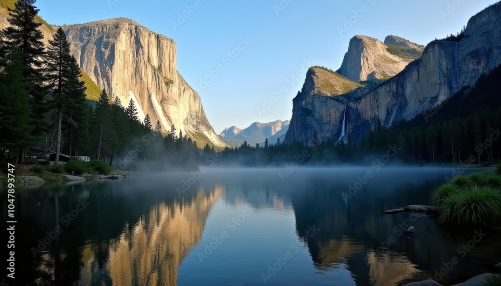 Tranquil mountain lake with majestic cliffs Tranquil mountain lake with majestic cliffs