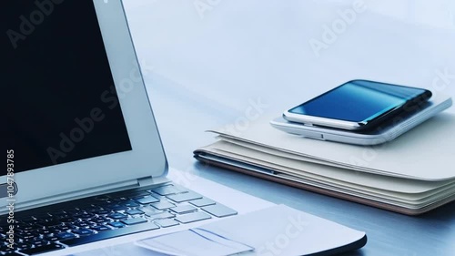 cellphone arranged work desk laptop Modern neatly notes hot drink cup business office computer pen notebook paper table keyboard morning mug breakfast newspaper espresso beverage cafes workplace tech