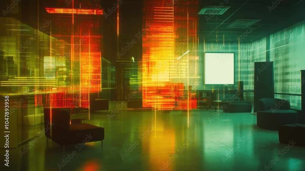Naklejka premium Futuristic office interior with glowing lines and a blank screen.
