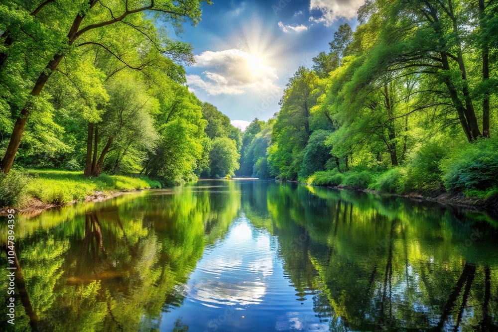 Fototapeta premium Symmetrical river in forest with sunny weather