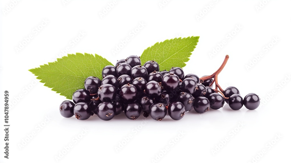 A cluster of blackcurrants with green leaves on a white background.