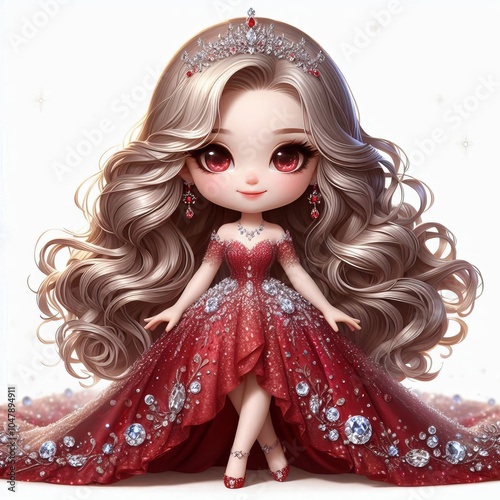 A charming doll in a sparkling red gown with elegant accessories photo