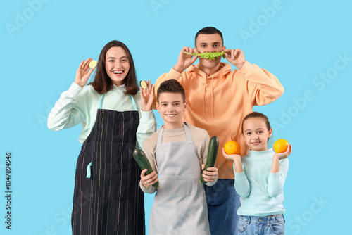 Happy family with food on b...