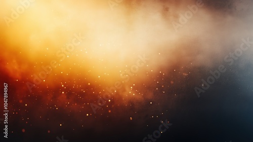 Abstract war scene background featuring distant smoke and fire under golden hour lighting, with grainy texture and vintage grunge style for a dramatic effect. Muted colors, dark shadows, and sun ray r