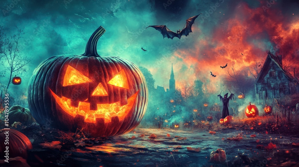 Spooky Halloween Scene with Jack-O'-Lanterns Spooky Halloween Scene with Jack-O'-Lanterns