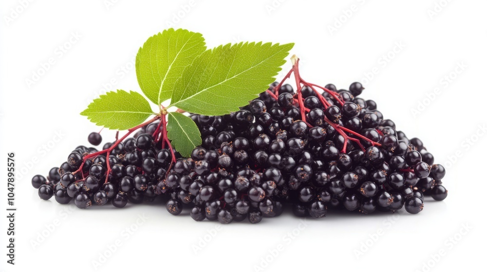 A pile of black elderberries with green leaves on a white background. A pile of black elderberries with green leaves on a white background.