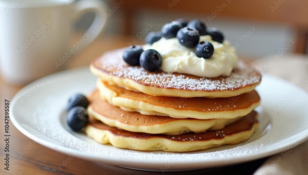 Deliciously stacked pancakes with blueberries and whipped cream Deliciously stacked pancakes with blueberries and whipped cream