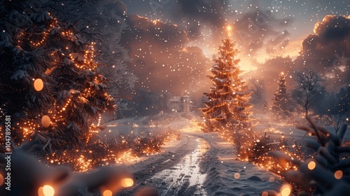 Magical Winter Night with Illuminated Christmas Tree and Snowy Landscape