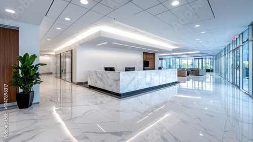 Sleek and Modern Office Lobby with Marble Floors and Minimalist Furnishings