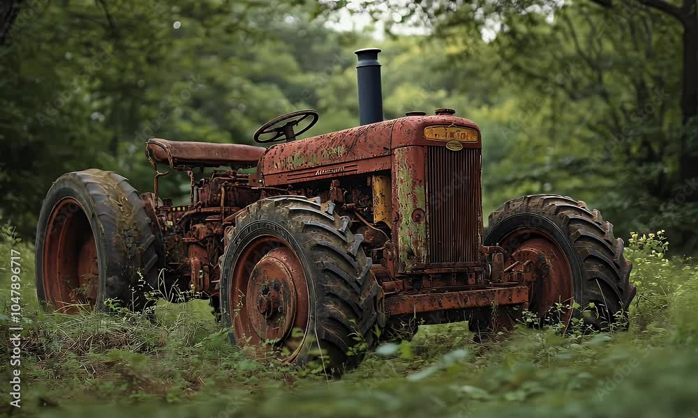 An old, rusted tractor sits abandoned in a lush green field, showcasing nature's reclamation. An old, rusted tractor sits abandoned in a lush green field, showcasing nature's reclamation.