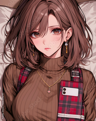 Cute Anime Girl with Brown Hair and Red Plaid Phone Case photo