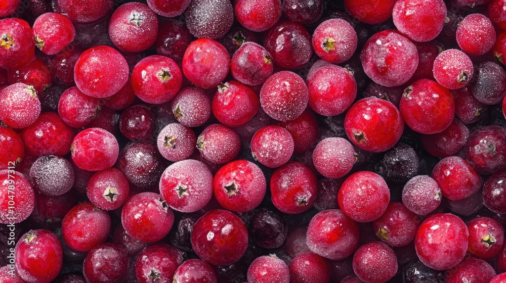 ** Close-Up of Fresh Red Cranberries with Frosted Texture Creating a Vibrant and Refreshing Background for Seasonal and Culinary Themes..** ** Close-Up of Fresh Red Cranberries with Frosted Texture Creating a Vibrant and Refreshing Background for Seasonal and Culinary Themes..**