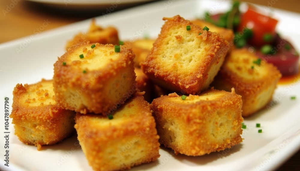 Deliciously goldenbrown bread cubes ready to be savored Deliciously goldenbrown bread cubes ready to be savored