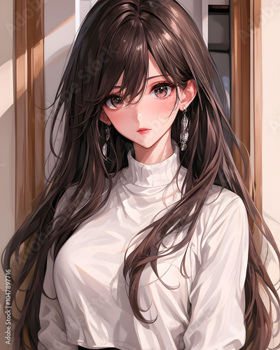 Anime Girl with Long Brown Hair and White Shirt photo