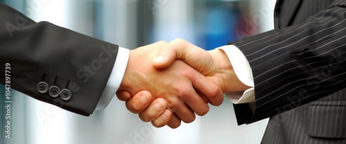 Successful Businessmen Shaking Hands in Office, Blurred Background, Banner size,Cooperation concept. photo