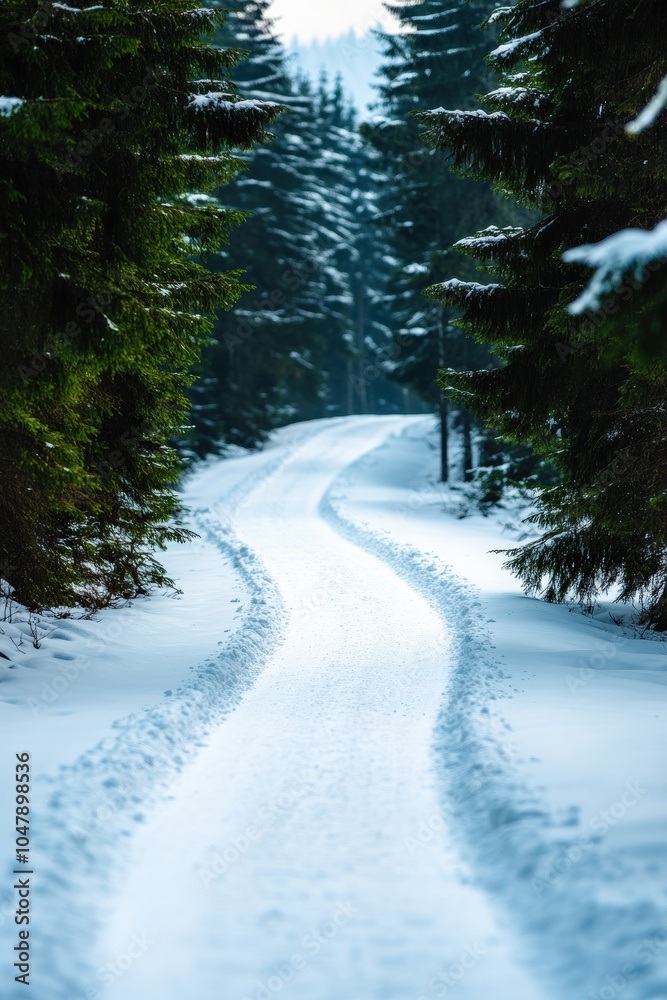 Obraz premium Winding snow-covered road through a serene forest of evergreen trees.