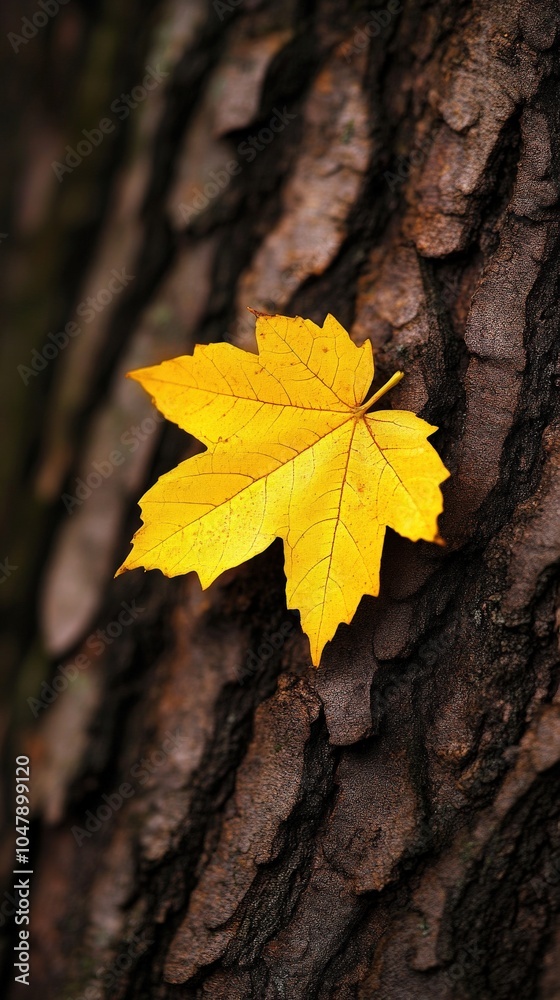 Yellow maple leaf on textured brown tree bark. Yellow maple leaf on textured brown tree bark.