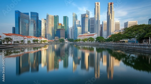 A serene cityscape reflecting modern skyscrapers along a tranquil river in a vibrant urban setting.