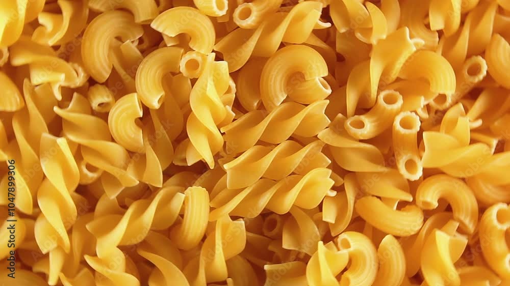 Uncooked Fusilli and Chifferi Rigati Pasta - Top View, Close-Up. Fat and Unhealthy Food. Classic Dry Macaroni, Rotating Background. Raw Different Macaroni Pasta Texture - Rotate Left Uncooked Fusilli and Chifferi Rigati Pasta - Top View, Close-Up. Fat and Unhealthy Food. Classic Dry Macaroni, Rotating Background. Raw Different Macaroni Pasta Texture - Rotate Left